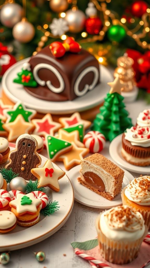 A variety of Christmas desserts including yule log, gingerbread cookies, peppermint cheesecake, and eggnog cupcakes on a festive table.